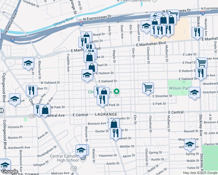 map of restaurants, bars, coffee shops, grocery stores, and more near 3247 Maple Street in Toledo