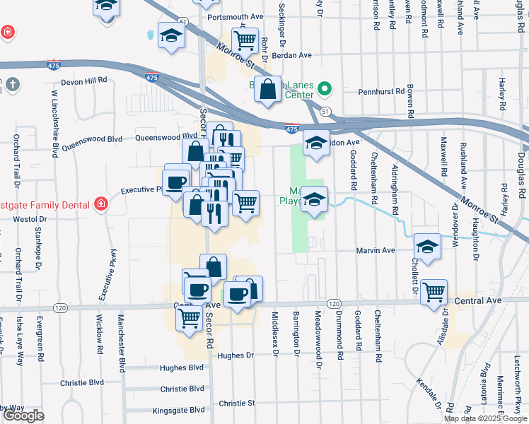 map of restaurants, bars, coffee shops, grocery stores, and more near 3321 Middlesex Drive in Toledo
