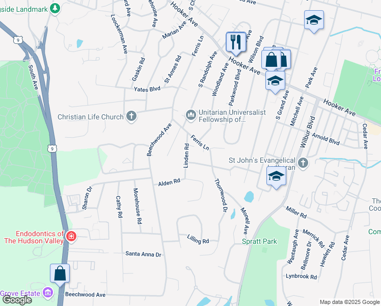 map of restaurants, bars, coffee shops, grocery stores, and more near 6 Linden Road in Poughkeepsie