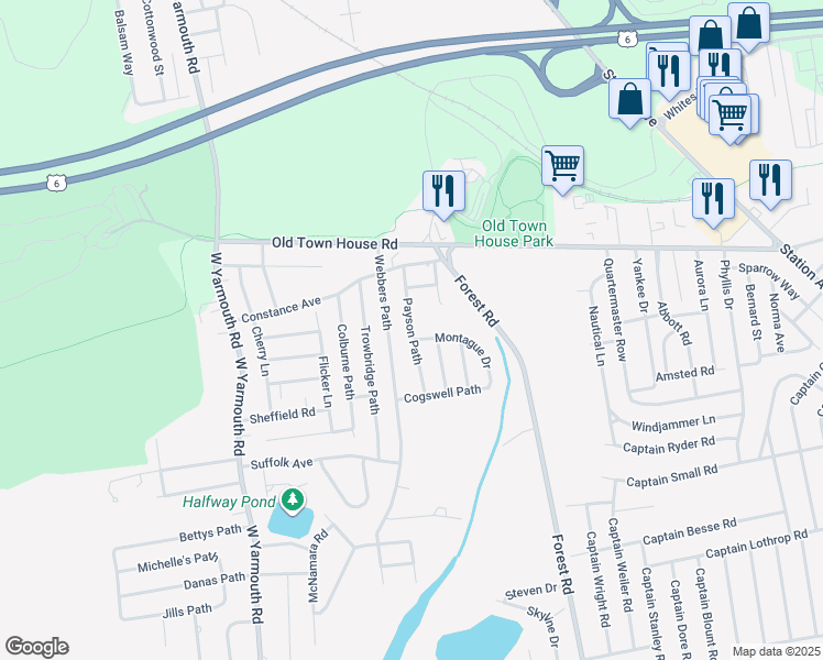map of restaurants, bars, coffee shops, grocery stores, and more near 30 Payson Path in Yarmouth