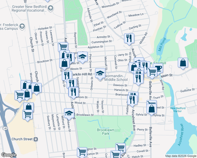 map of restaurants, bars, coffee shops, grocery stores, and more near 81 Felton Street in New Bedford