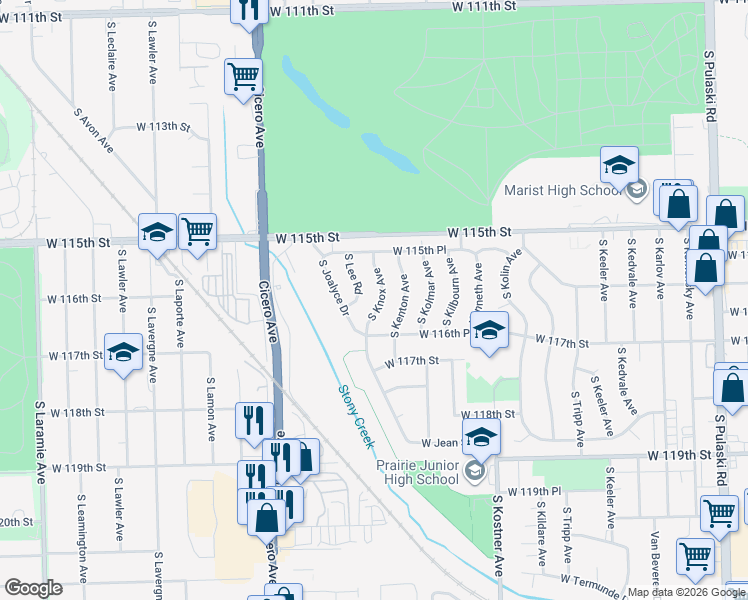 map of restaurants, bars, coffee shops, grocery stores, and more near 11559 South Lee Road in Alsip