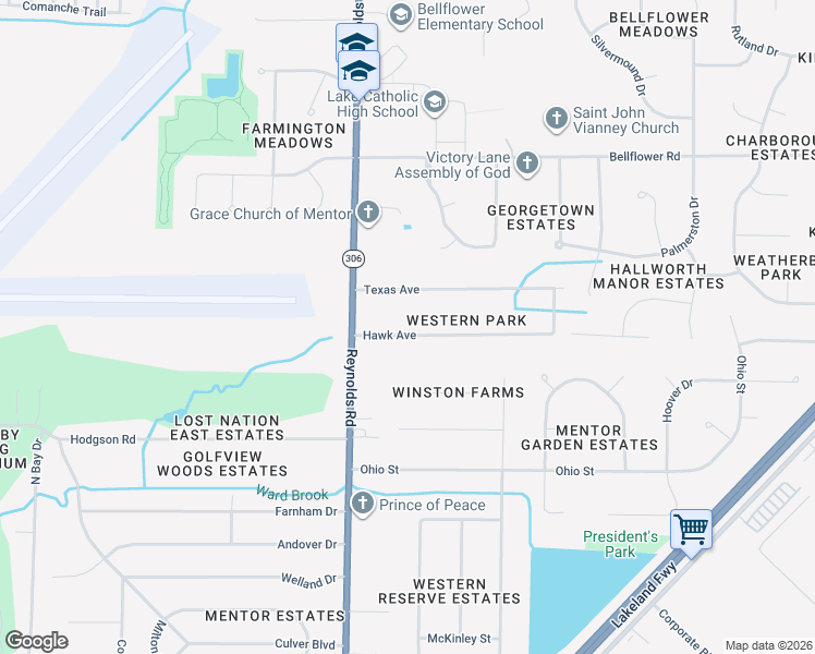 map of restaurants, bars, coffee shops, grocery stores, and more near 7399 Hawk Avenue in Mentor