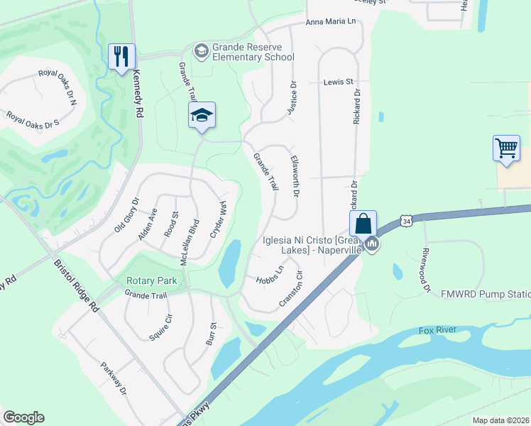 map of restaurants, bars, coffee shops, grocery stores, and more near 2923 Grande Trail in Yorkville