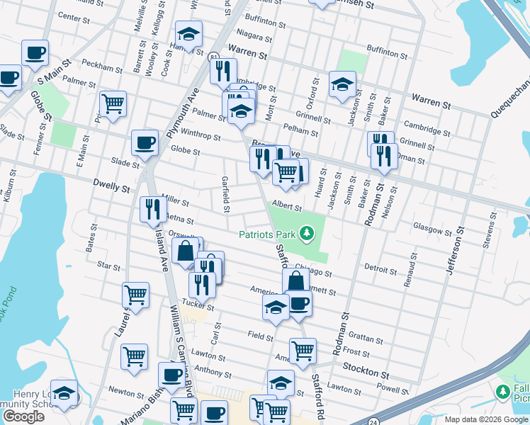 map of restaurants, bars, coffee shops, grocery stores, and more near 499-501 Stafford Road in Fall River