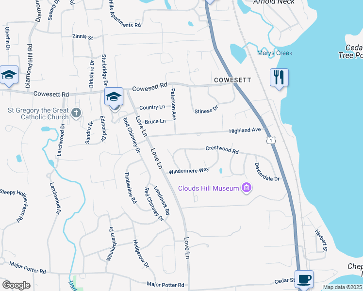 map of restaurants, bars, coffee shops, grocery stores, and more near 206 Highland Avenue in Warwick