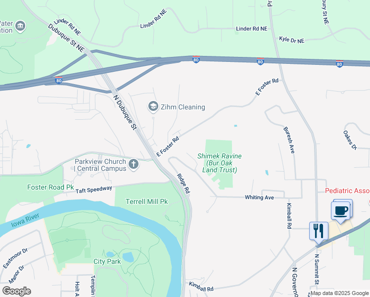 map of restaurants, bars, coffee shops, grocery stores, and more near 22 Ridgewood Lane in Iowa City