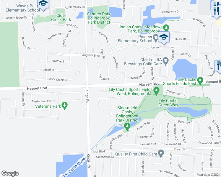 map of restaurants, bars, coffee shops, grocery stores, and more near 1709 Trails End Lane in Bolingbrook