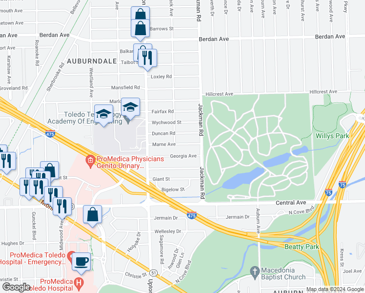 map of restaurants, bars, coffee shops, grocery stores, and more near 1745 Marne Avenue in Toledo