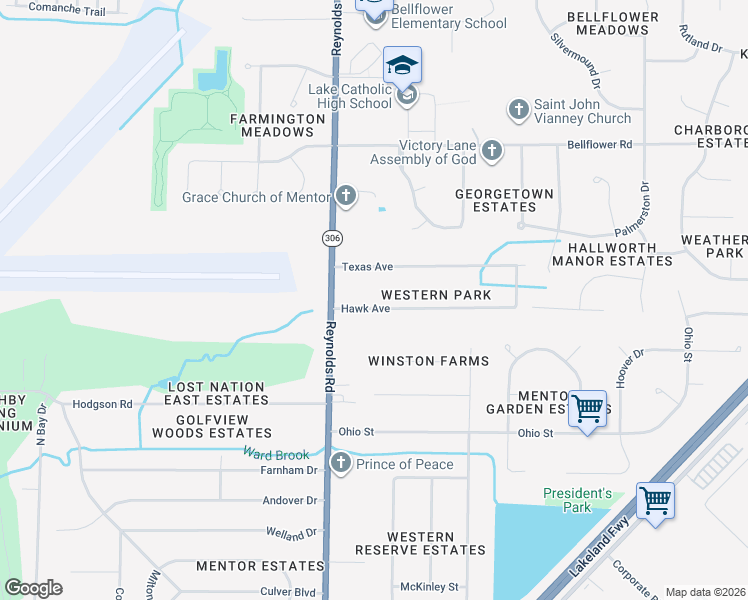 map of restaurants, bars, coffee shops, grocery stores, and more near 7399 Hawk Avenue in Mentor