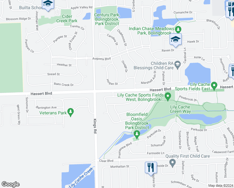 map of restaurants, bars, coffee shops, grocery stores, and more near 1705 Trails End Lane in Bolingbrook