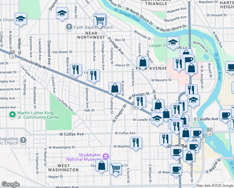 map of restaurants, bars, coffee shops, grocery stores, and more near 546 Cushing Street in South Bend