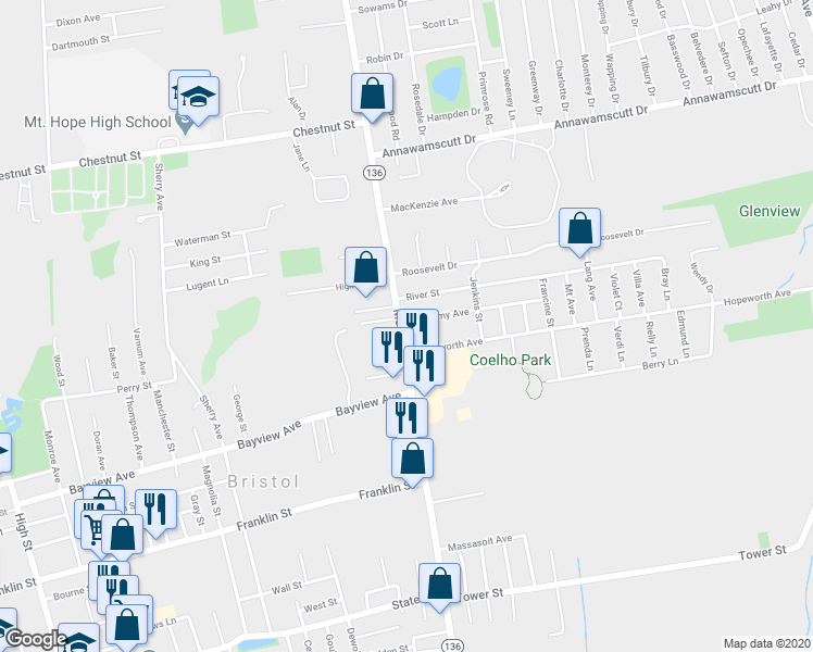 map of restaurants, bars, coffee shops, grocery stores, and more near 418 Metacom Avenue in Bristol