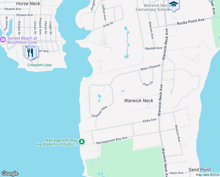 map of restaurants, bars, coffee shops, grocery stores, and more near 19 Channel View in Warwick