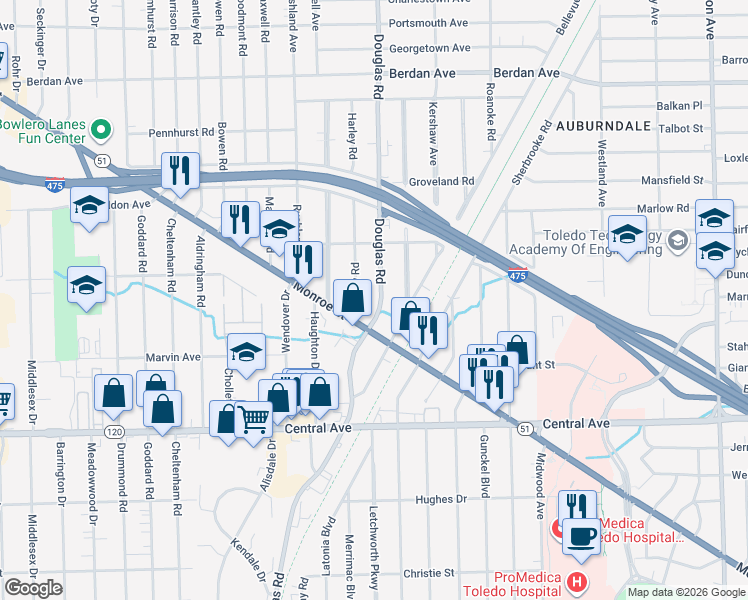 map of restaurants, bars, coffee shops, grocery stores, and more near 3349 Douglas Road in Toledo