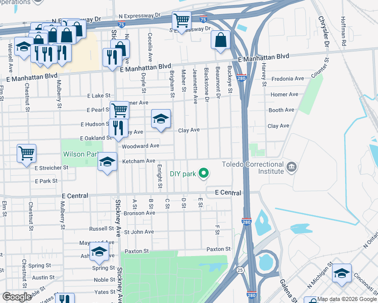 map of restaurants, bars, coffee shops, grocery stores, and more near 3227 Jeannette Avenue in Toledo