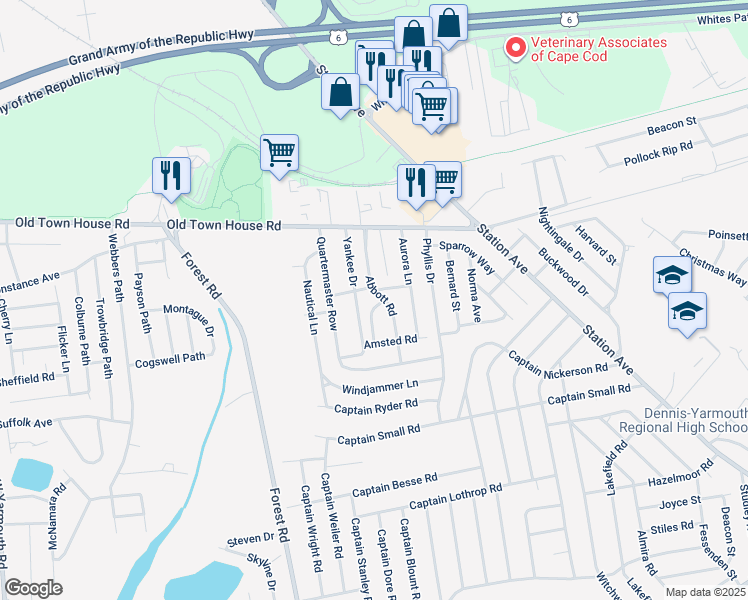 map of restaurants, bars, coffee shops, grocery stores, and more near 42 Abbott Road in Yarmouth