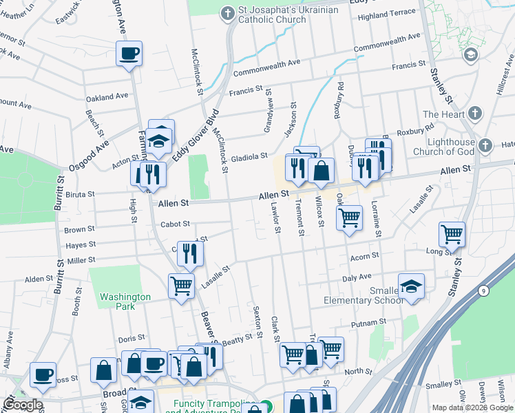 map of restaurants, bars, coffee shops, grocery stores, and more near 6 Atlantic Street in New Britain