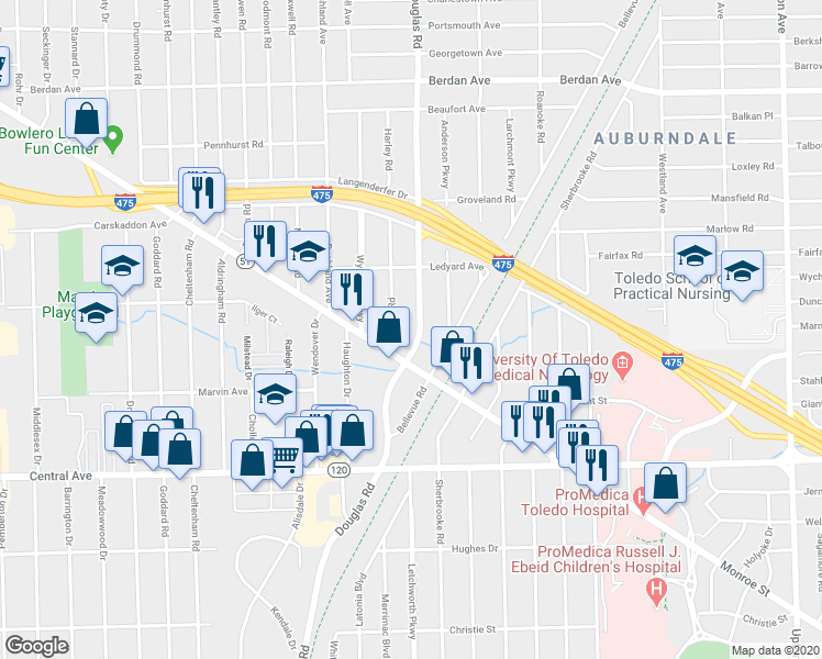 map of restaurants, bars, coffee shops, grocery stores, and more near 3349 Douglas Road in Toledo
