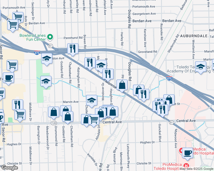 map of restaurants, bars, coffee shops, grocery stores, and more near 4221 Monroe Street in Toledo