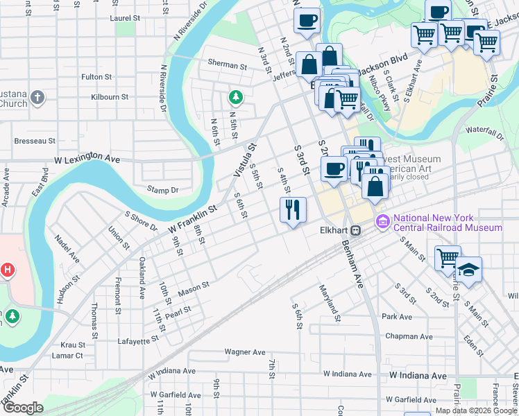 map of restaurants, bars, coffee shops, grocery stores, and more near 416 South 5th Street in Elkhart