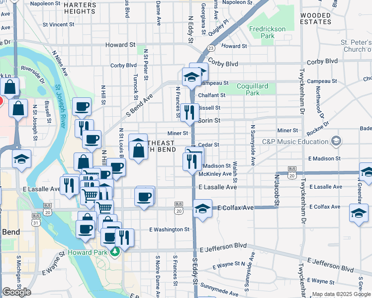 map of restaurants, bars, coffee shops, grocery stores, and more near 1007 Cedar Street in South Bend