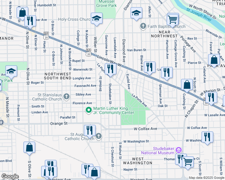 map of restaurants, bars, coffee shops, grocery stores, and more near 1324 Fassnacht Avenue in South Bend