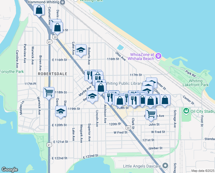map of restaurants, bars, coffee shops, grocery stores, and more near 1728 Cleveland Avenue in Whiting