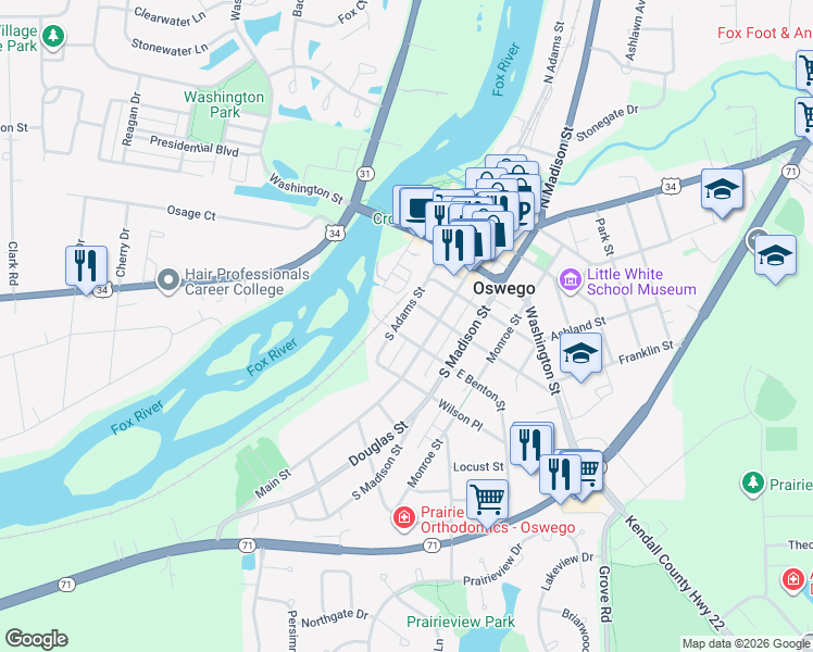 map of restaurants, bars, coffee shops, grocery stores, and more near 217 South Adams Street in Oswego
