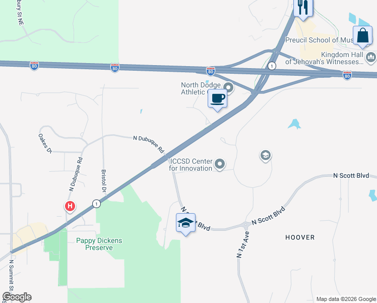 map of restaurants, bars, coffee shops, grocery stores, and more near 1901-2293 N Dodge St in Iowa City