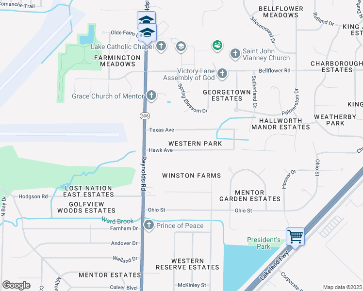 map of restaurants, bars, coffee shops, grocery stores, and more near 7439 Hawk Avenue in Mentor