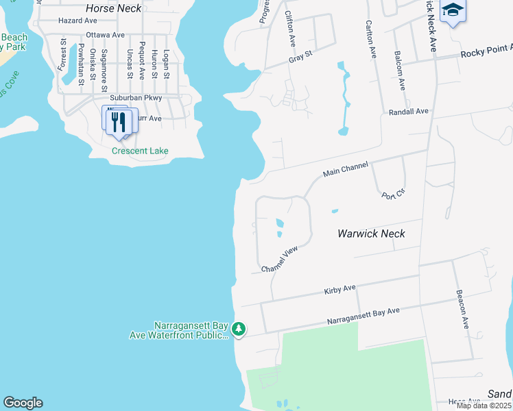 map of restaurants, bars, coffee shops, grocery stores, and more near 285 Channel View in Warwick