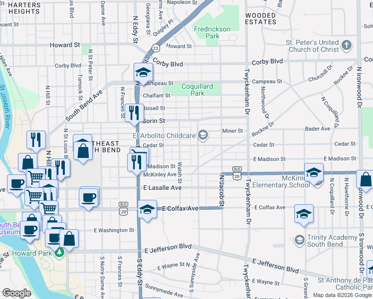 map of restaurants, bars, coffee shops, grocery stores, and more near in South Bend