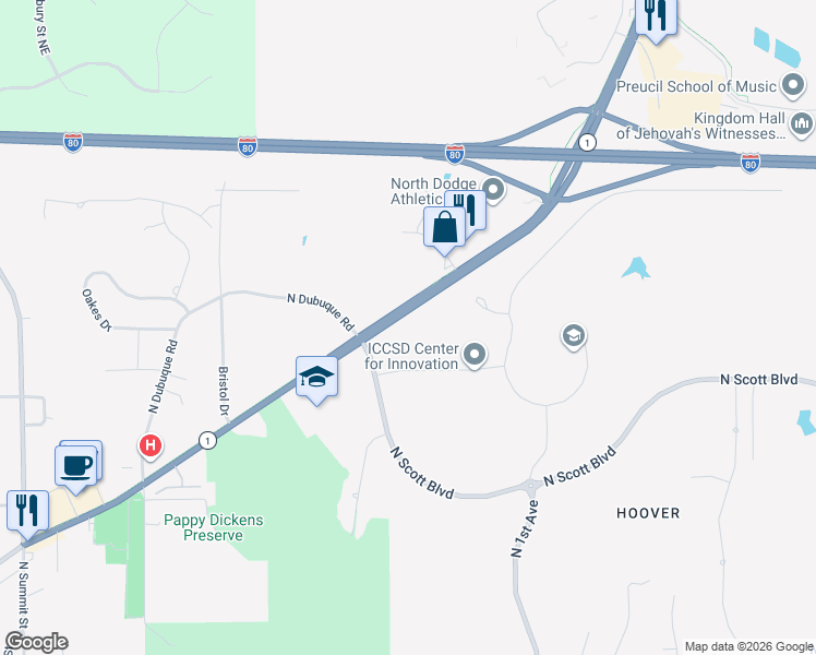 map of restaurants, bars, coffee shops, grocery stores, and more near 1901-2293 N Dodge St in Iowa City
