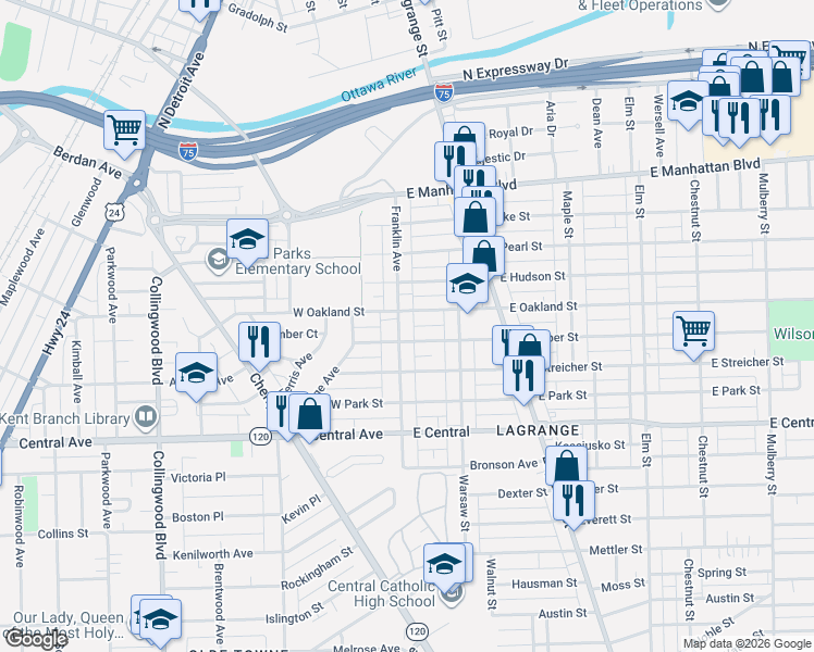 map of restaurants, bars, coffee shops, grocery stores, and more near 3248 Franklin Avenue in Toledo