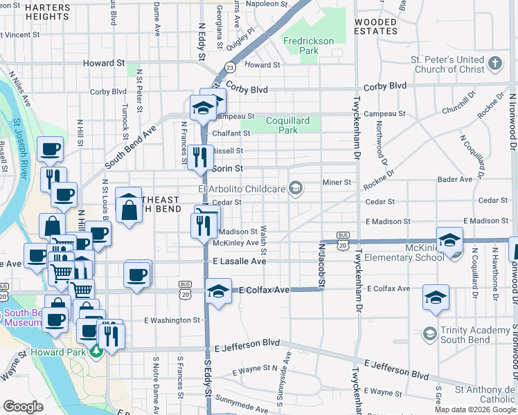 map of restaurants, bars, coffee shops, grocery stores, and more near 1226 Cedar Street in South Bend