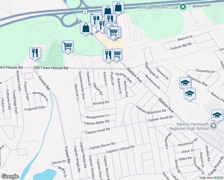 map of restaurants, bars, coffee shops, grocery stores, and more near 39 Phyllis Drive in Yarmouth