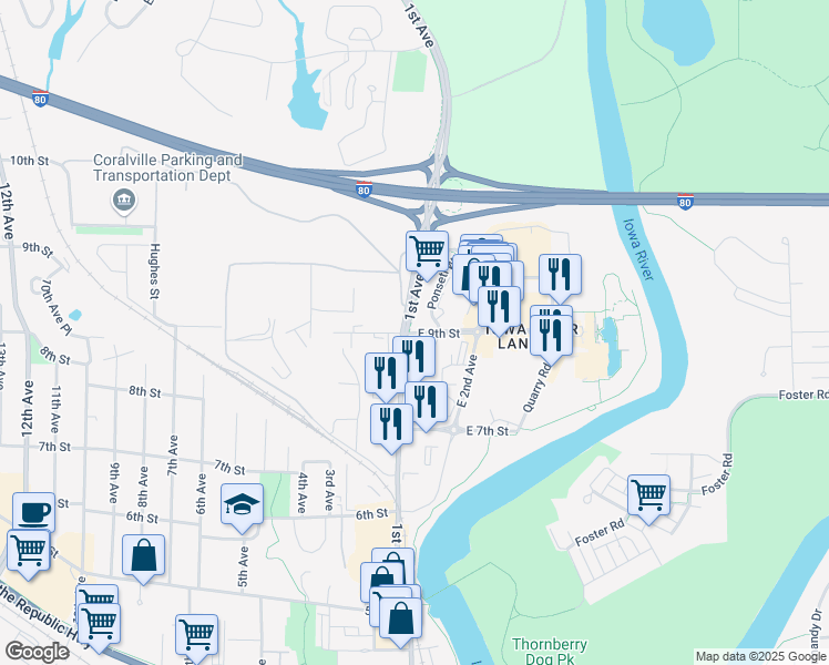 map of restaurants, bars, coffee shops, grocery stores, and more near 105 East 9th Street in Coralville