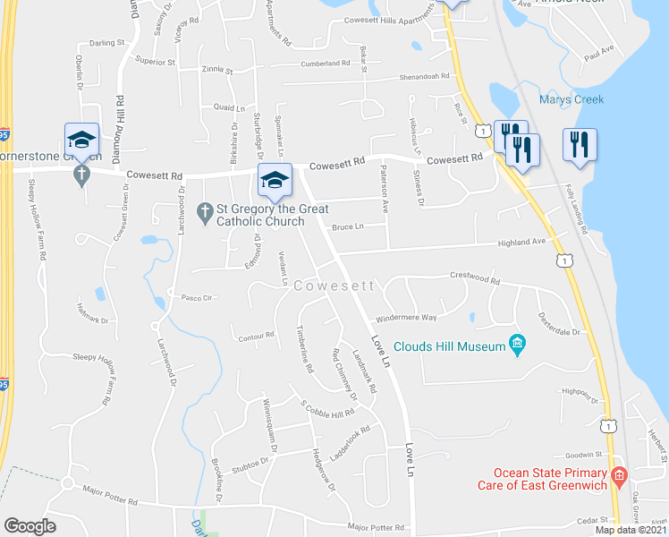 map of restaurants, bars, coffee shops, grocery stores, and more near 141 Love Lane in Warwick