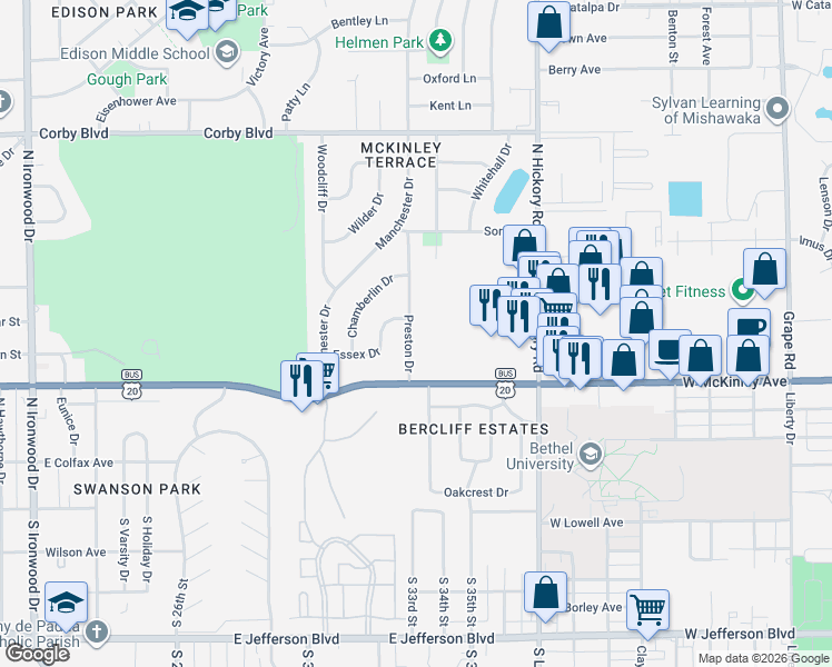 map of restaurants, bars, coffee shops, grocery stores, and more near 3236 Essex Drive in South Bend