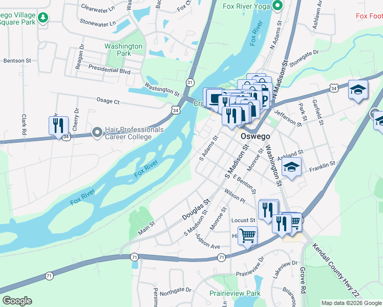map of restaurants, bars, coffee shops, grocery stores, and more near 123 West Benton Street in Oswego