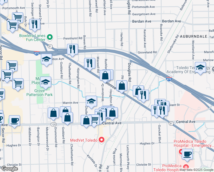 map of restaurants, bars, coffee shops, grocery stores, and more near 4221 Monroe St in Toledo