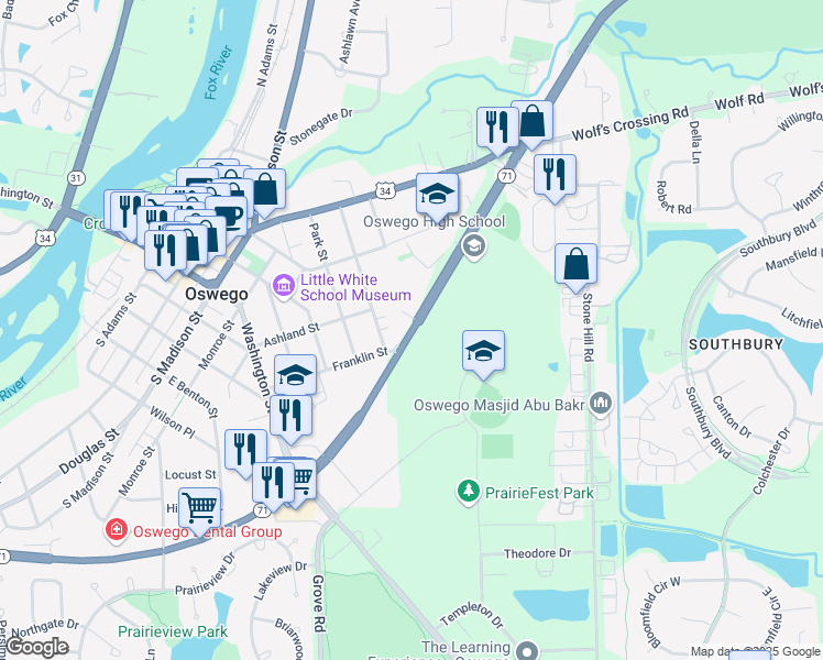 map of restaurants, bars, coffee shops, grocery stores, and more near 4259 Illinois 71 in Oswego