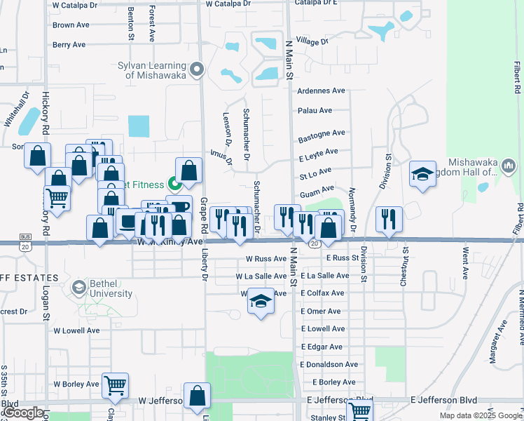 map of restaurants, bars, coffee shops, grocery stores, and more near 2301 Schumacher Drive in Mishawaka