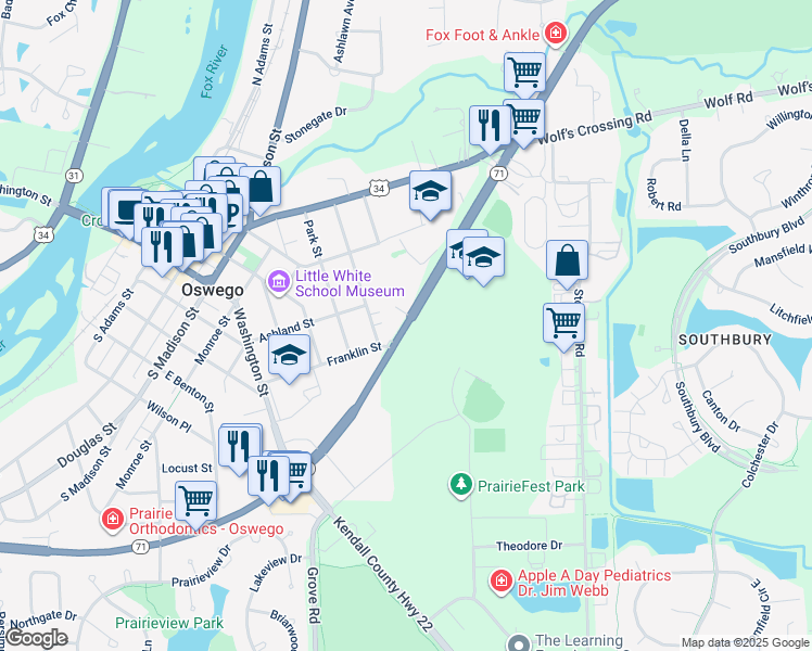 map of restaurants, bars, coffee shops, grocery stores, and more near 4259 Illinois 71 in Oswego