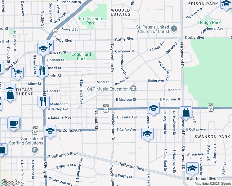 map of restaurants, bars, coffee shops, grocery stores, and more near 1508 Cedar Street in South Bend