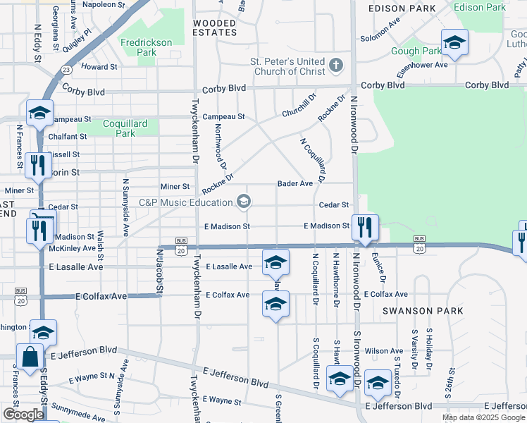 map of restaurants, bars, coffee shops, grocery stores, and more near 1700-1798 Cedar St in South Bend