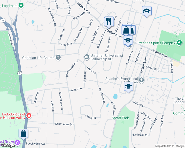 map of restaurants, bars, coffee shops, grocery stores, and more near 102 Ferris Lane in Poughkeepsie