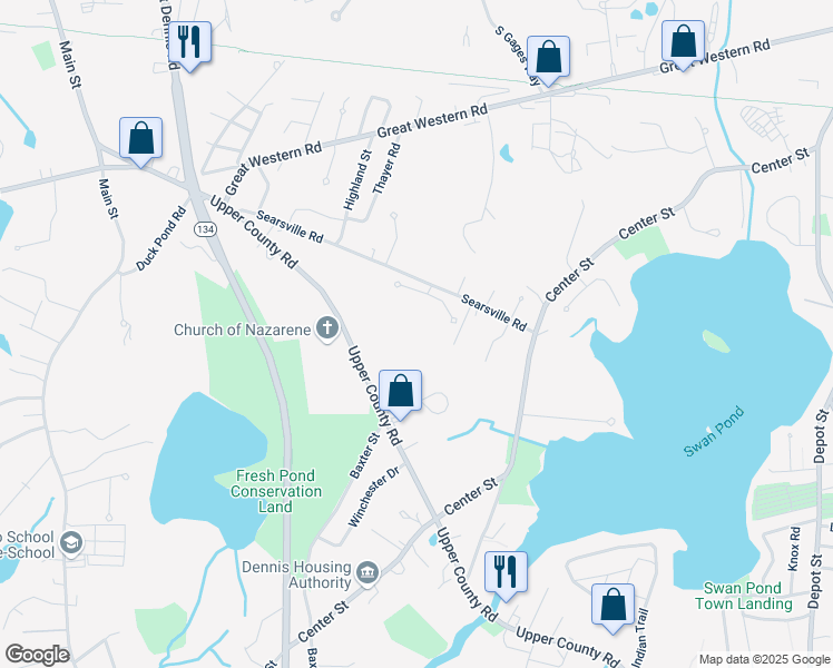 map of restaurants, bars, coffee shops, grocery stores, and more near 123 Searsville Road in Dennis