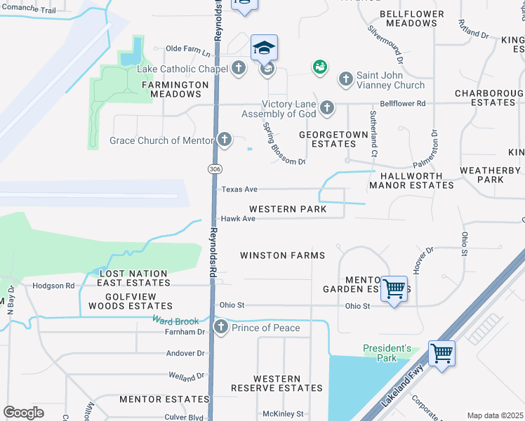map of restaurants, bars, coffee shops, grocery stores, and more near 7439 Hawk Avenue in Mentor